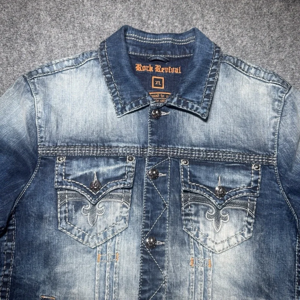 Rock Revival Men XL Jacket Blue Faded Denim Collar Grunge Y2K Biker Distressed